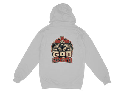 Gorilla in front of cross graphic with "God is my strength" text.