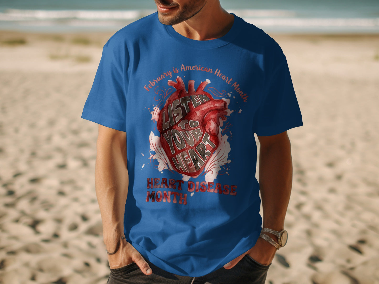 Blue t-shirt with red anatomical heart graphic and text "Listen to Your Heart."