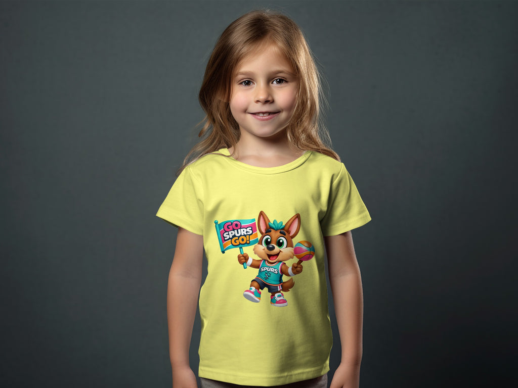 Child modeling a yellow t-shirt with a cartoon coyote holding a basketball and a "Go Spurs Go!" flag.