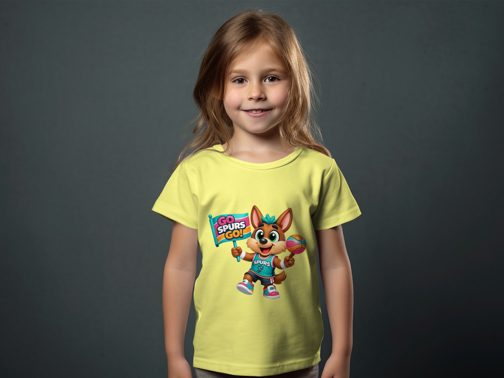 Child modeling a yellow t-shirt with a cartoon coyote holding a basketball and a "Go Spurs Go!" flag.