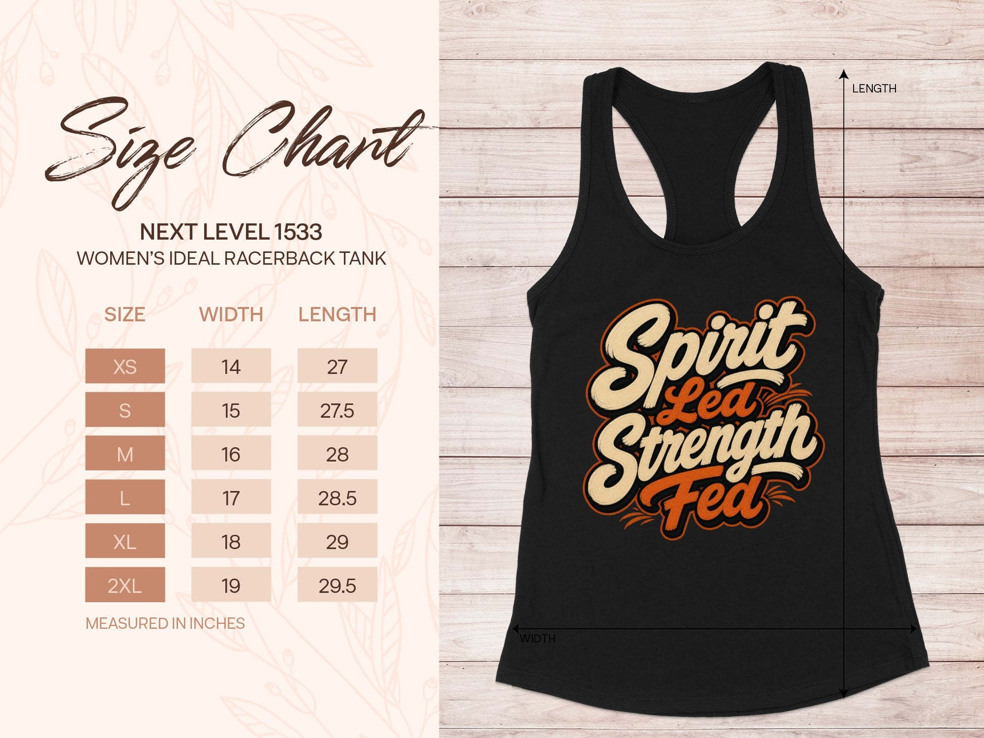 Next Level 1533 women's tank size chart with width and length measurements.