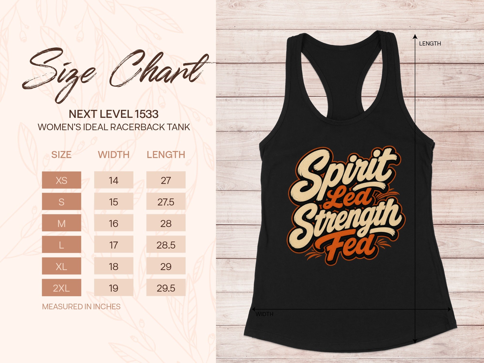 Next Level 1533 women's tank size chart with width and length measurements.