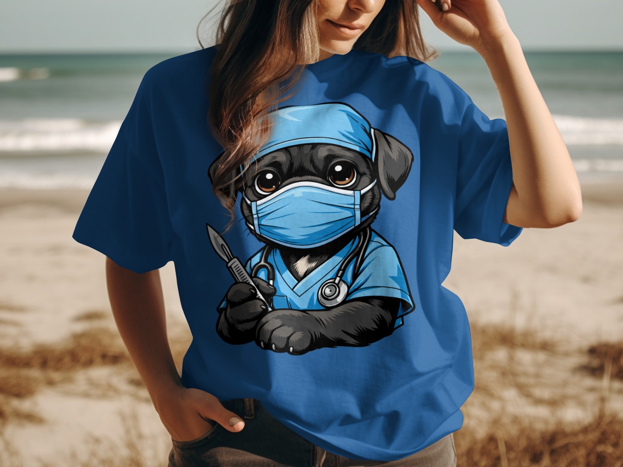 Black pug wearing scrubs, mask, and holding a scalpel.