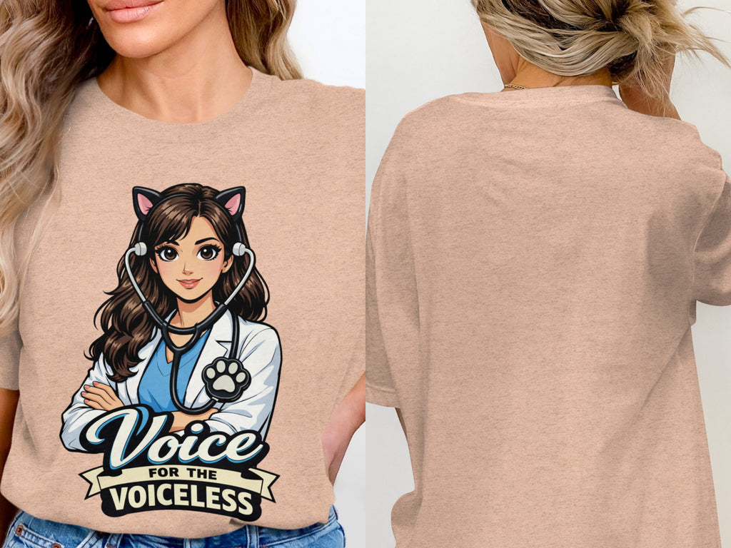 Illustration of a veterinarian with cat ears and stethoscope, text "Voice for the Voiceless".
