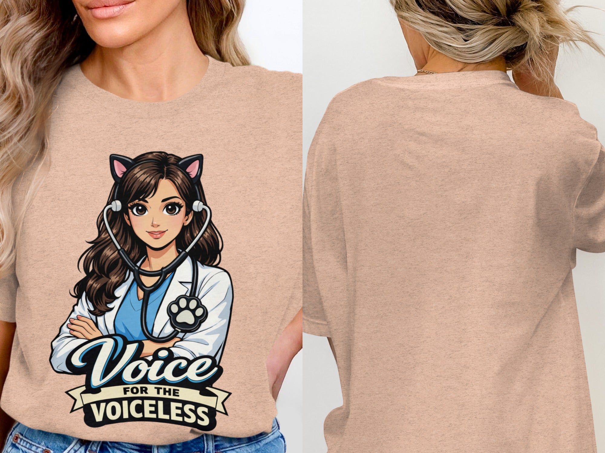 Illustration of a veterinarian with cat ears and stethoscope, text "Voice for the Voiceless".