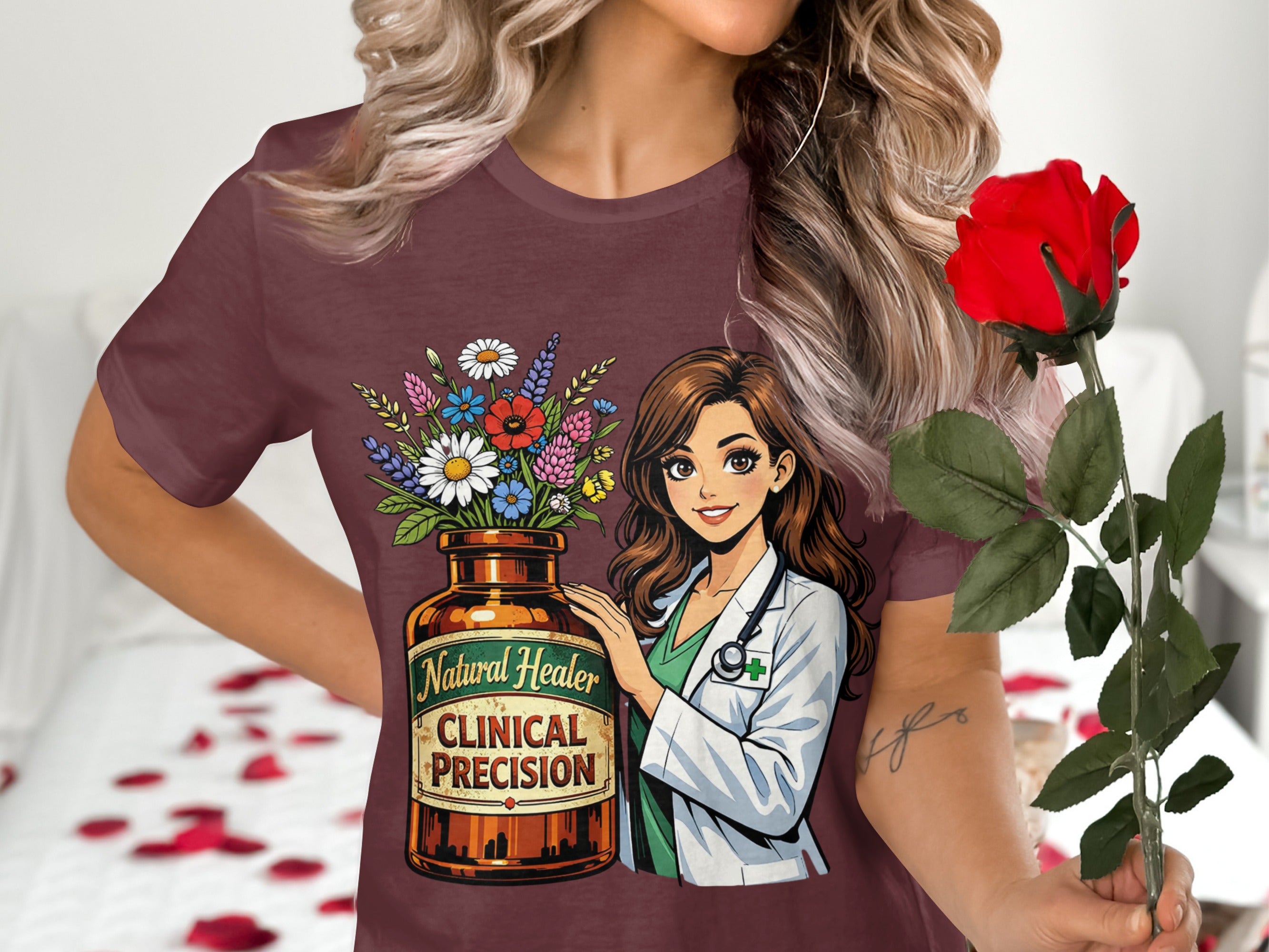Illustration of a female clinician with a bottle of flowers and text "Natural Healer Clinical Precision".