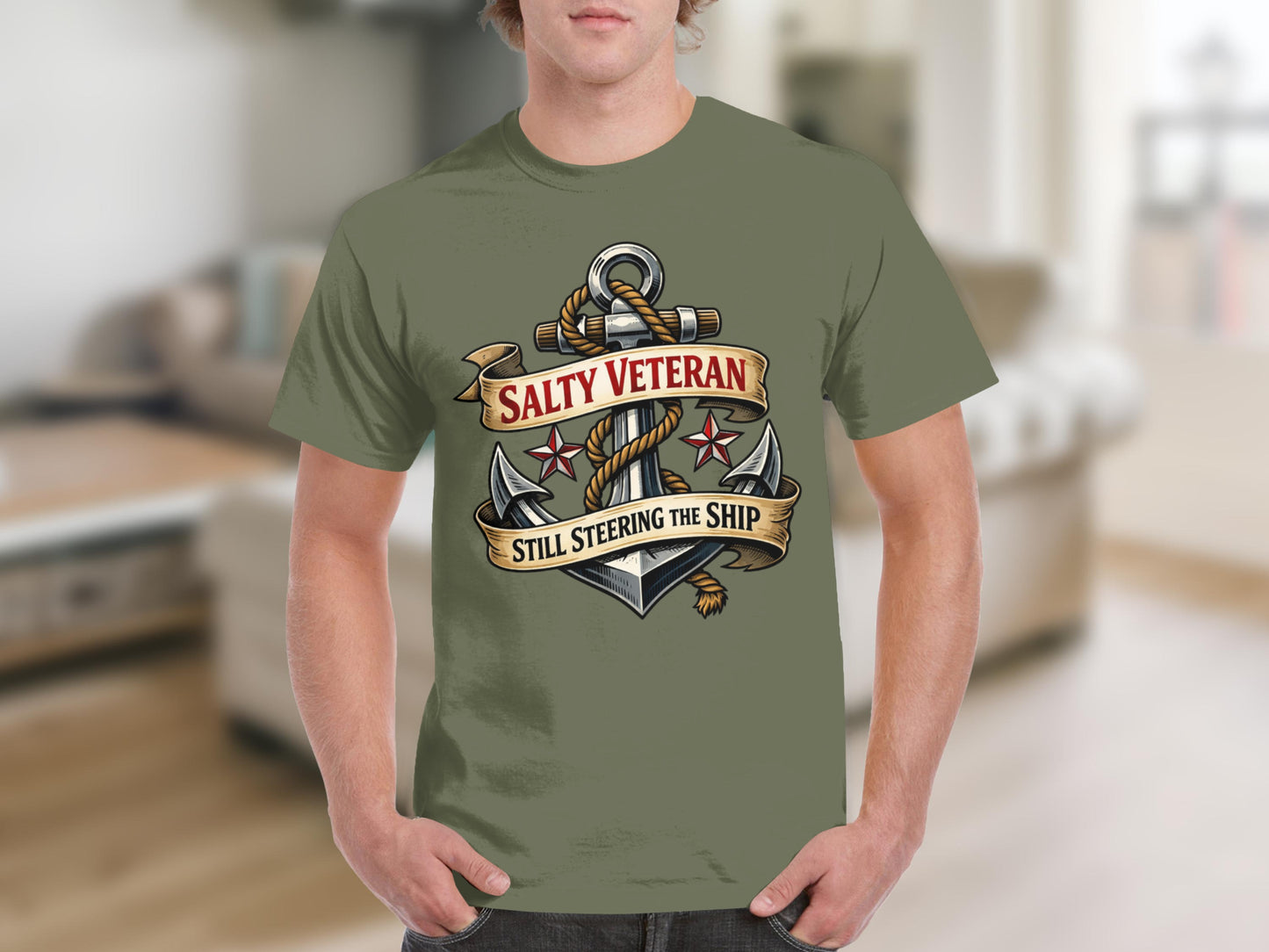 Olive green t-shirt with an anchor design and "Salty Veteran Still Steering The Ship".