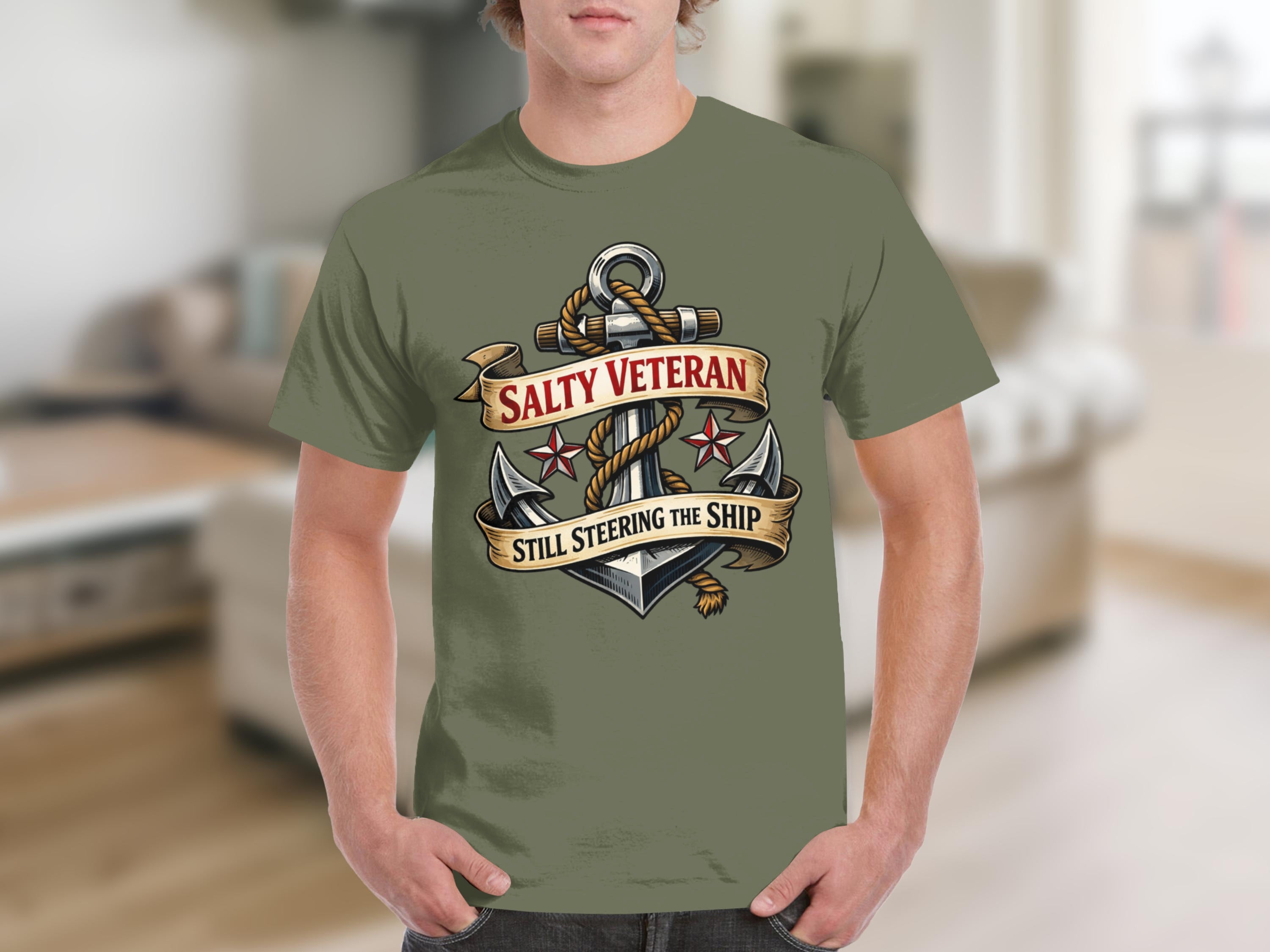 Olive green t-shirt with an anchor design and "Salty Veteran Still Steering The Ship".
