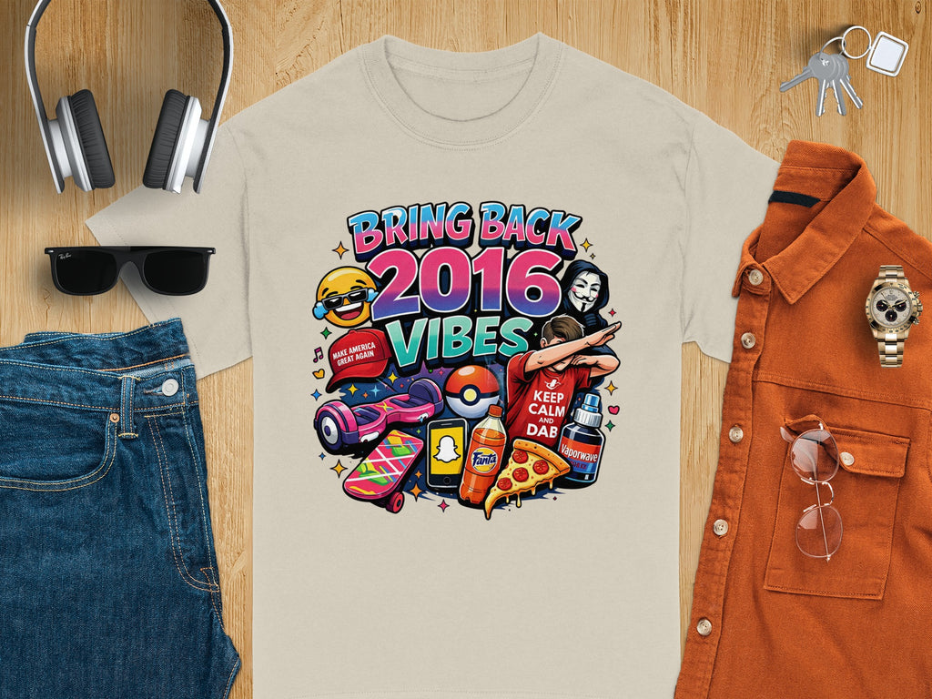 T-shirt with 2016 memes, emojis, and pop culture icons.