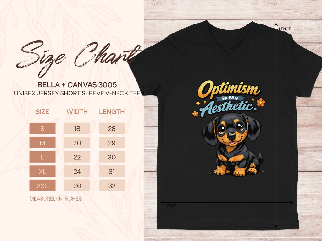 Black Bella + Canvas 3005 unisex v-neck tee with puppy graphic and size chart.