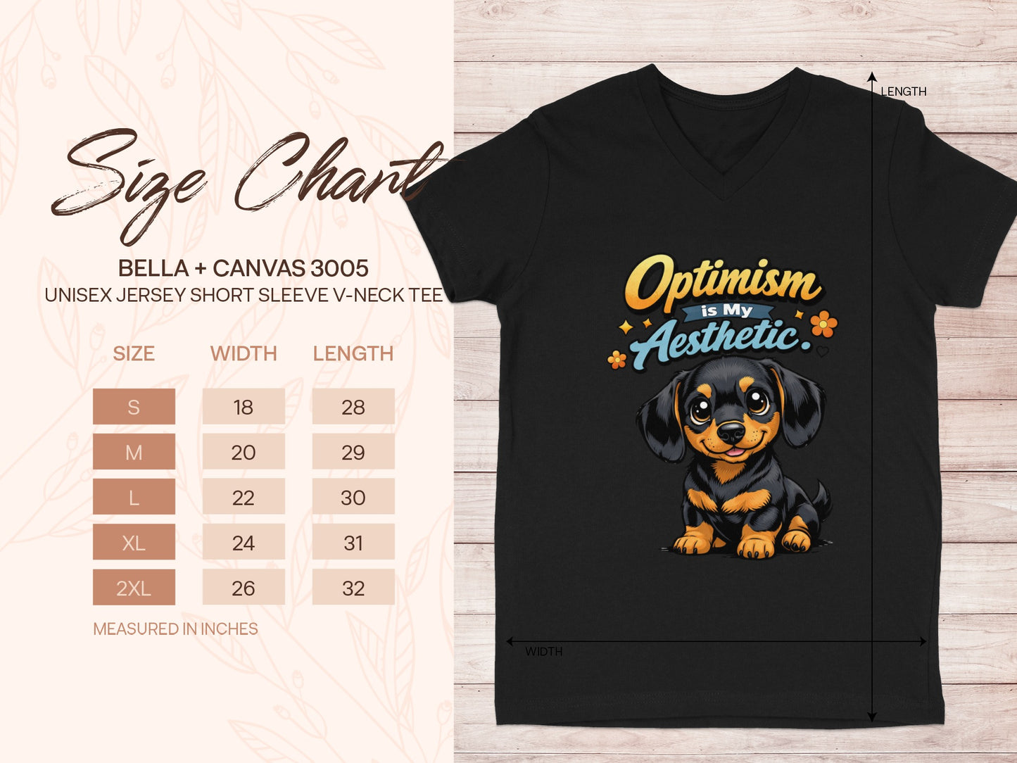 Black Bella + Canvas 3005 unisex v-neck tee with puppy graphic and size chart.