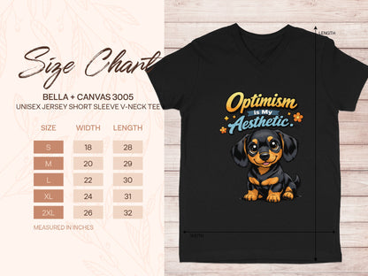 Black Bella + Canvas 3005 unisex v-neck tee with puppy graphic and size chart.