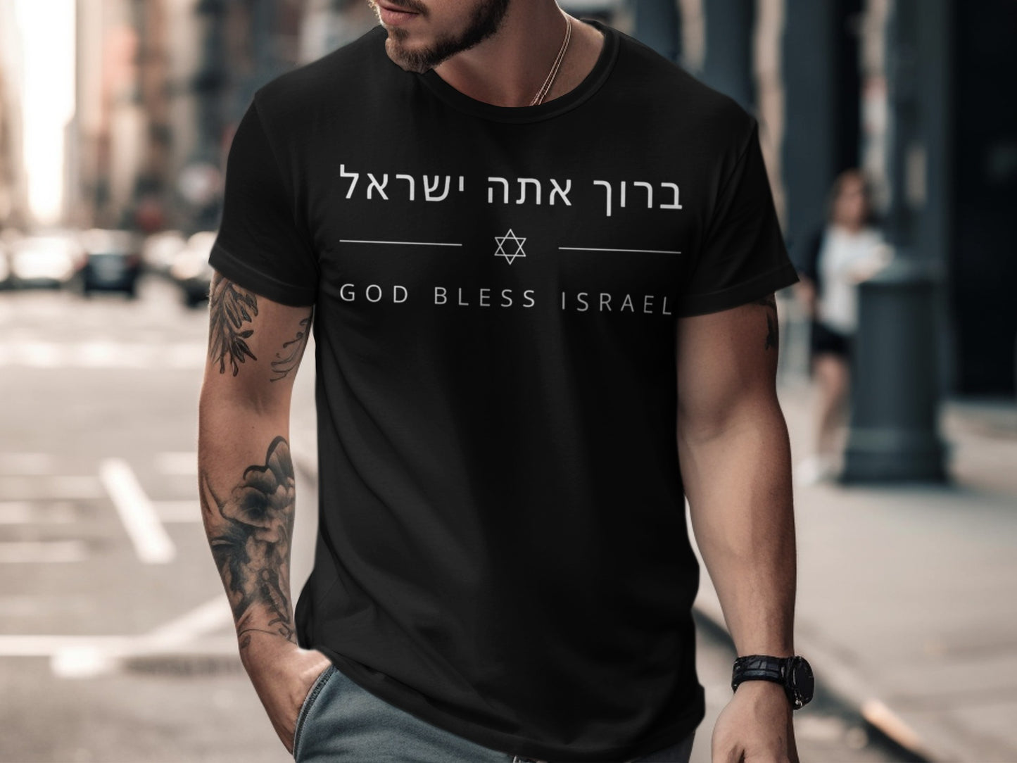 Black t-shirt with "GOD BLESS ISRAEL" and Hebrew text.
