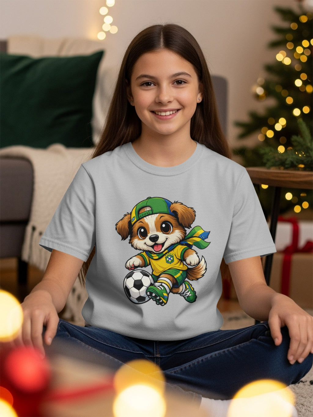 Cartoon dog wearing soccer uniform and Brazilian flag scarf, kicking a soccer ball.
