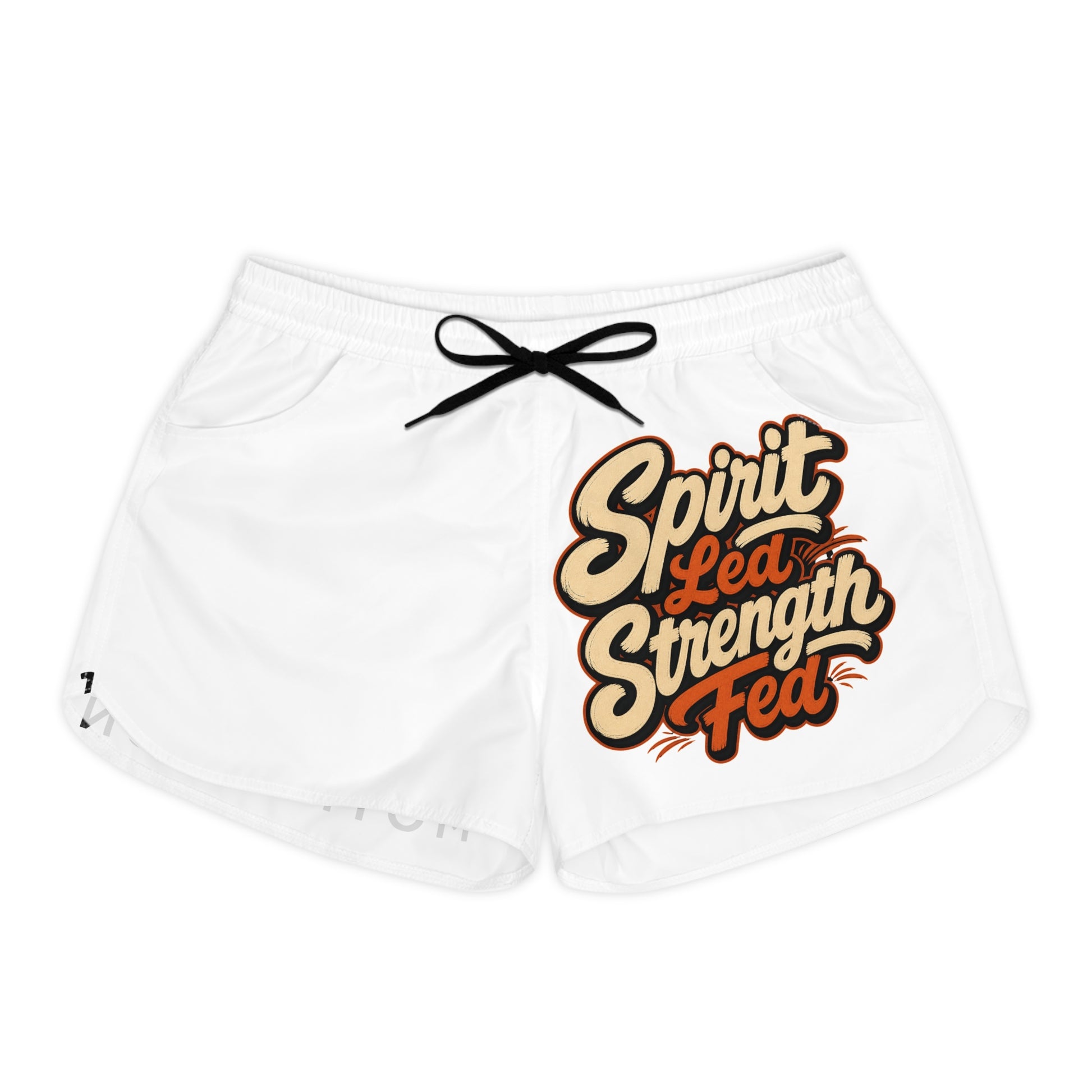 White athletic shorts with "Spirit Led Strength Fed" graphic and black drawstring.