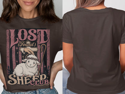 Lost Sheep Club graphic on t-shirt with sheep and hand.