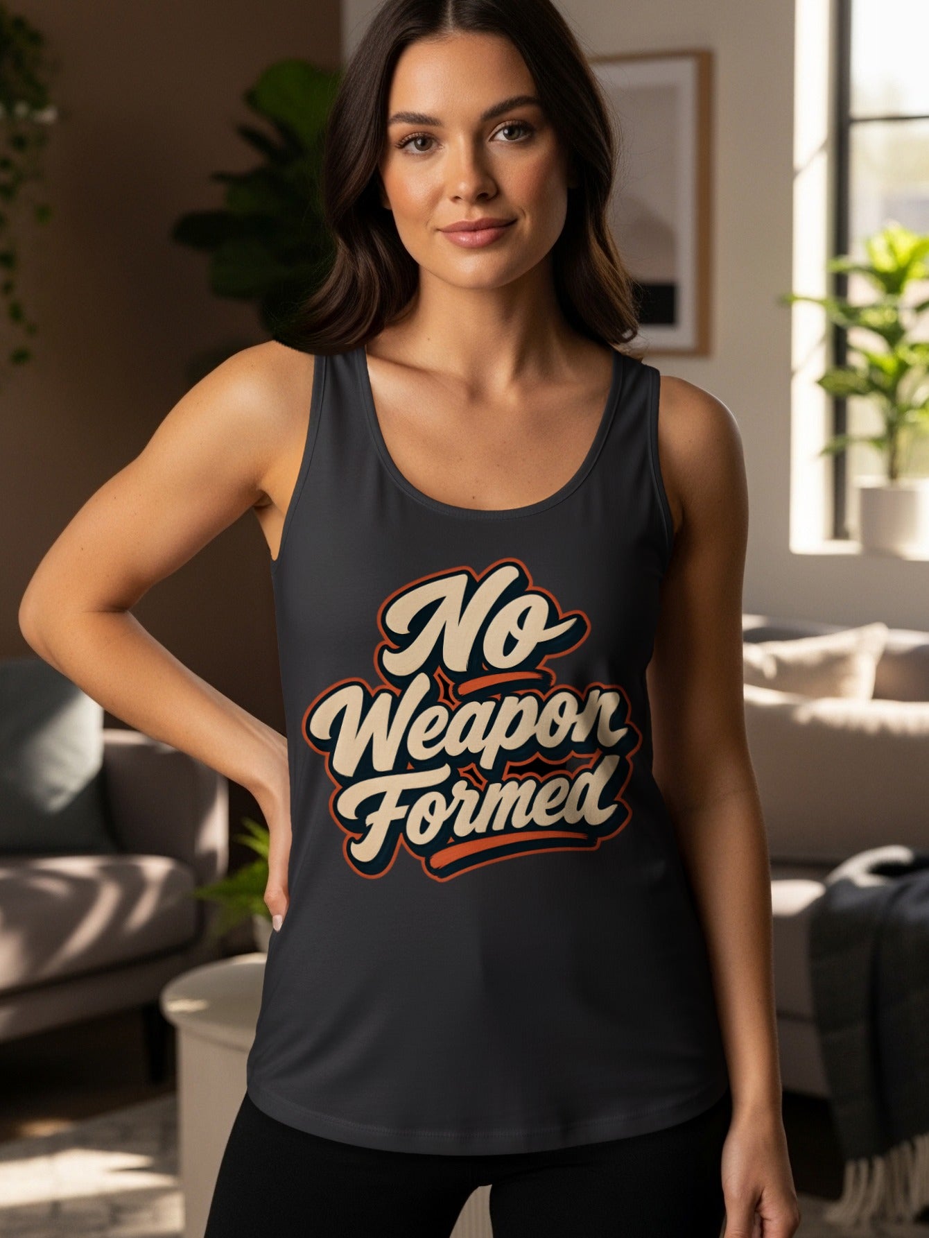 Dark gray tank top with "No Weapon Formed" text in retro style