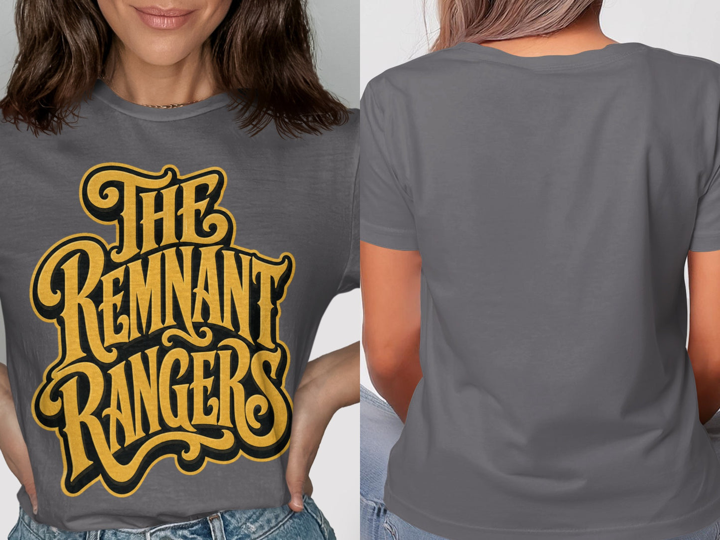 Gray t-shirt with yellow and black "The Remnant Rangers" text on front.