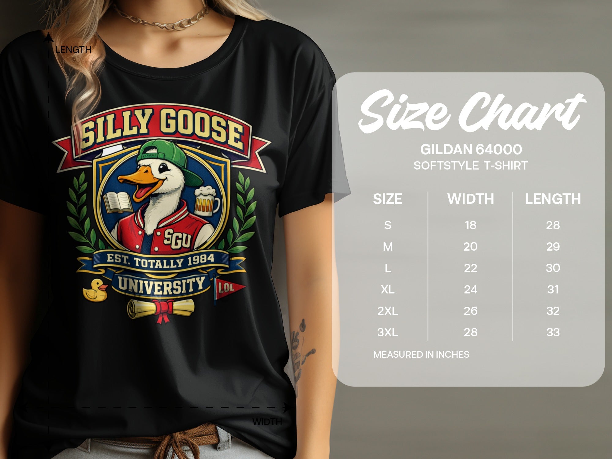 Black t-shirt with "Silly Goose University" graphic and size chart.