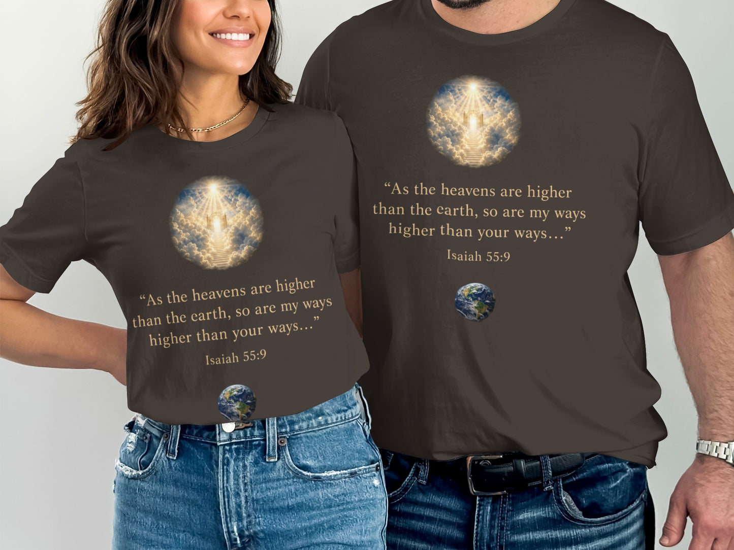 T-shirts with celestial gate graphic and Isaiah 55:9 Bible verse.