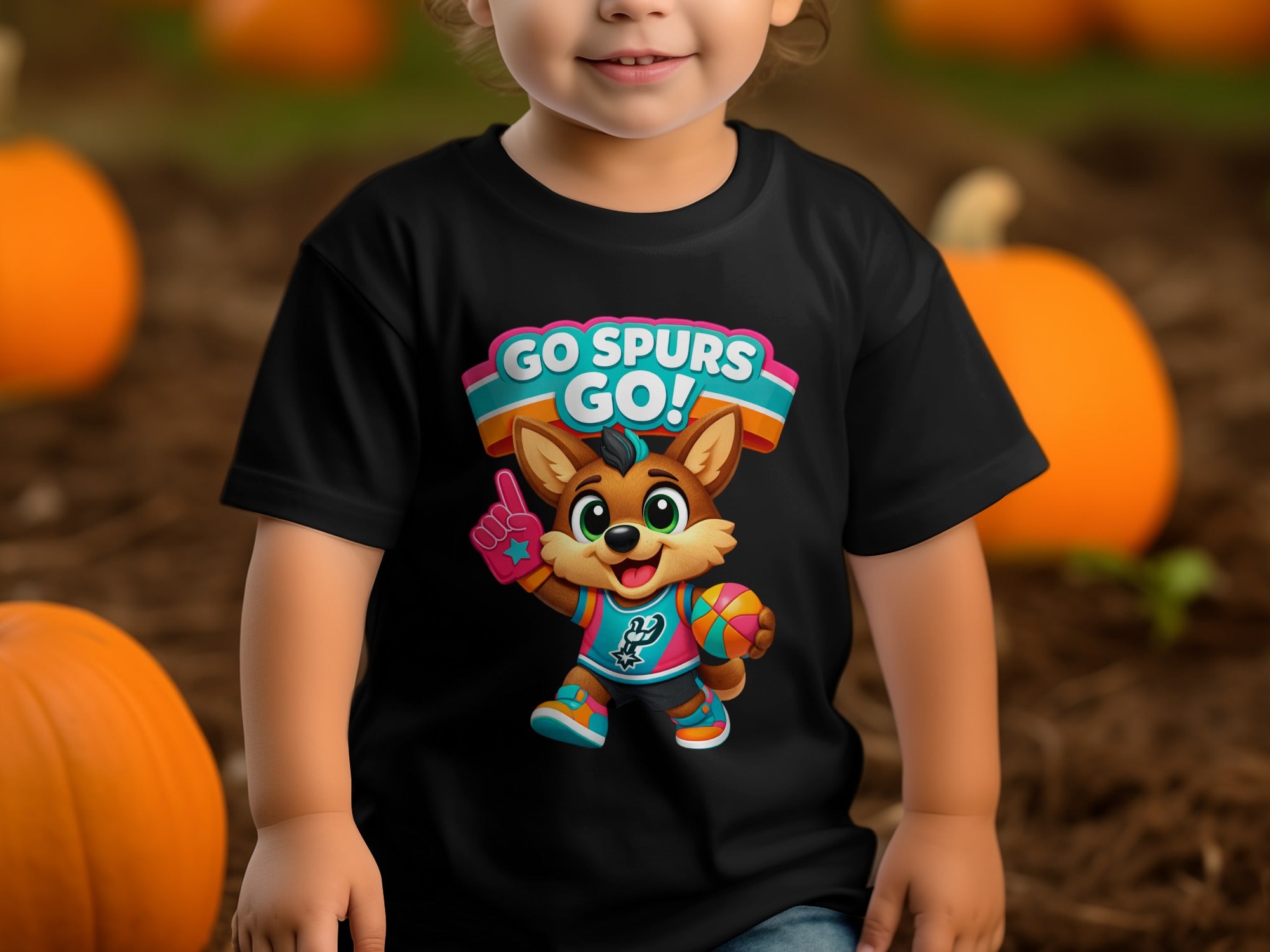 Child wearing black t-shirt with cartoon fox holding basketball, "GO SPURS GO!" text.