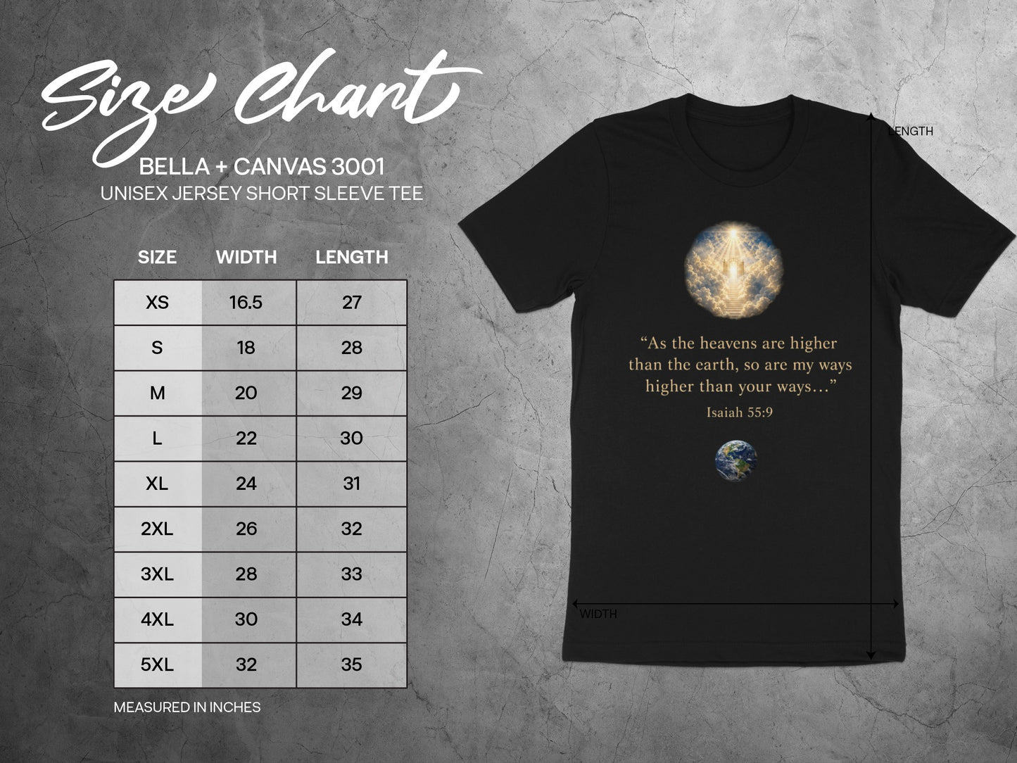 Size chart for Bella+Canvas 3001 unisex tee with measurements in inches.