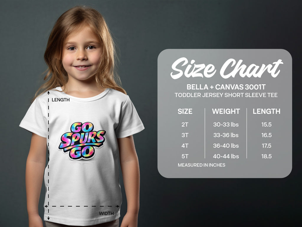 Toddler girl wearing white tee with "GO SPURS GO" graphic; size chart present.
