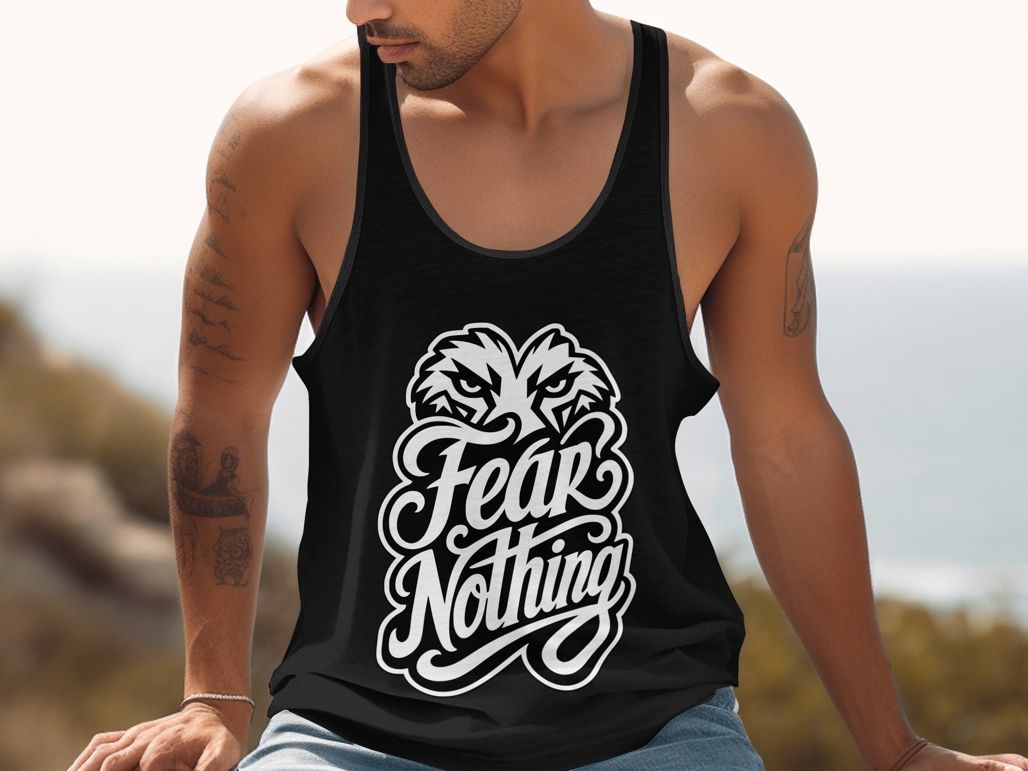 Black tank top with tiger face graphic and "Fear Nothing" text on chest.