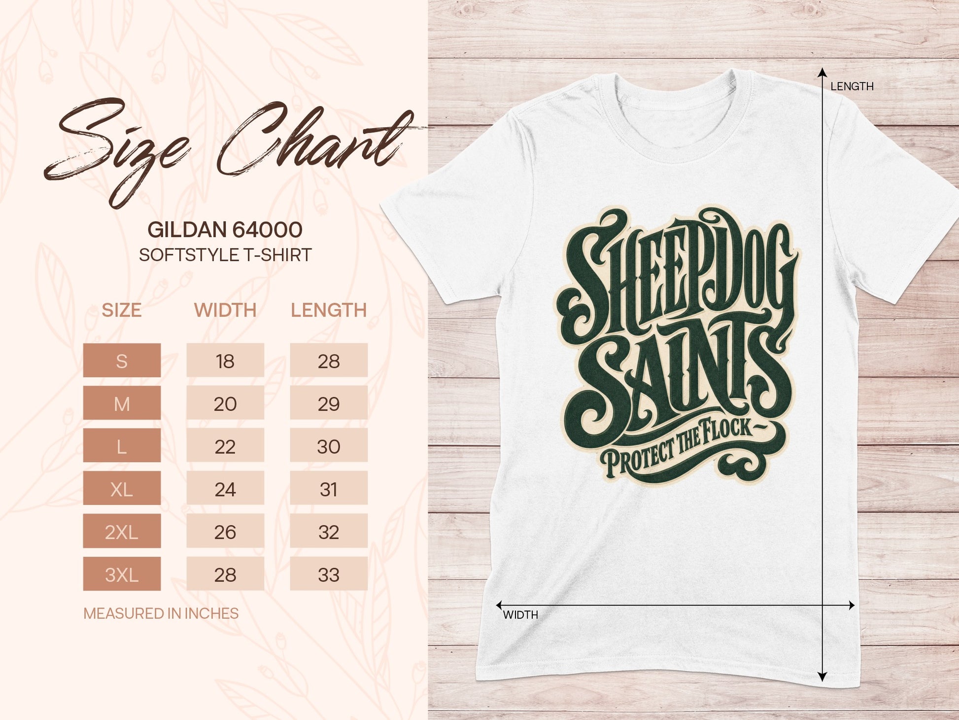 Gildan 64000 softstyle t-shirt size chart with measurements in inches.