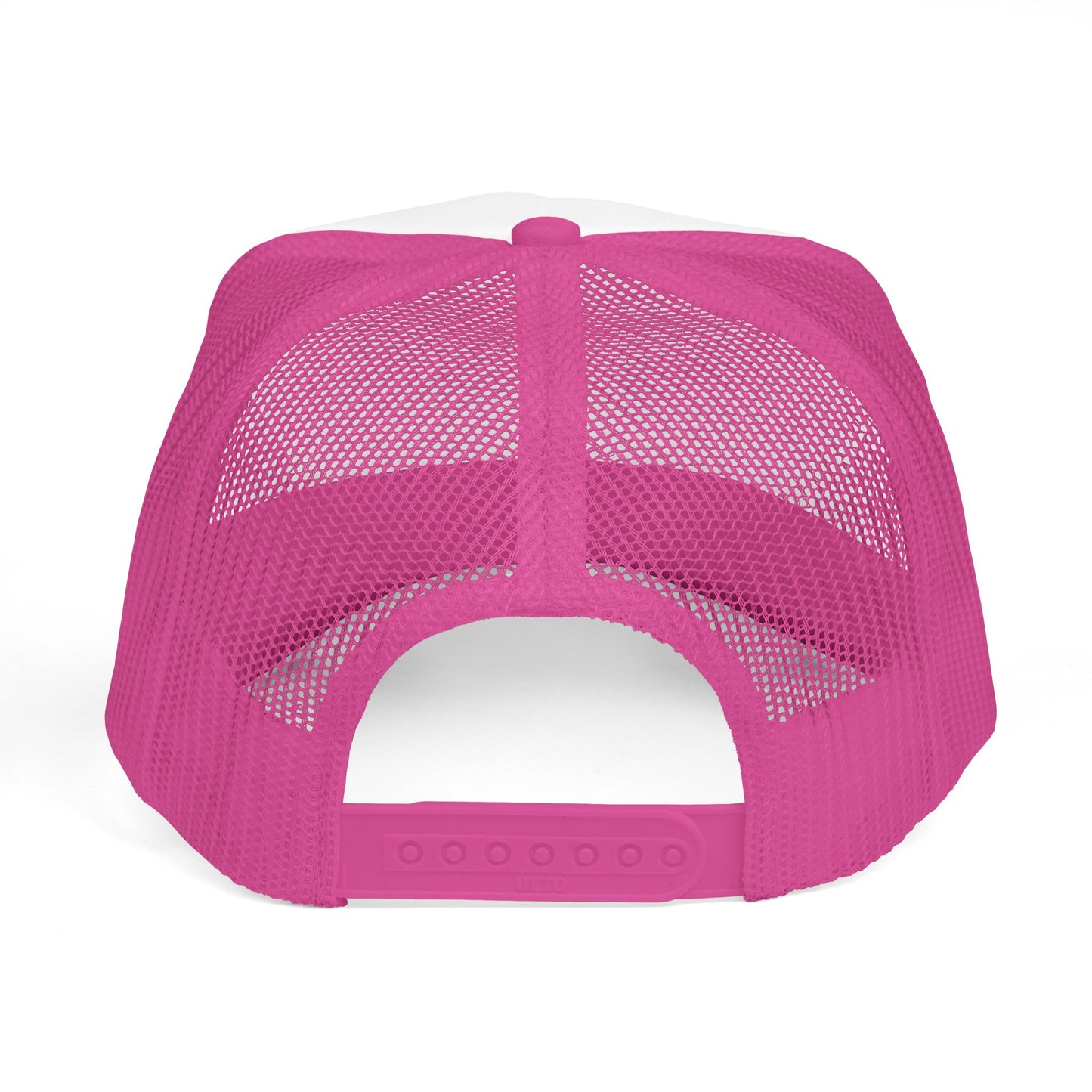 Back view of a bright pink mesh trucker hat with a white front panel and snapback closure.
