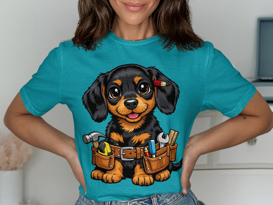 Dachshund puppy wearing a tool belt with hammer, tape measure, wrench, pencil, and ruler.
