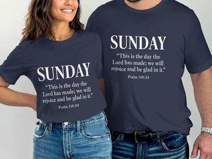 Navy t-shirts with "SUNDAY" and Psalm 118:24 in white text.