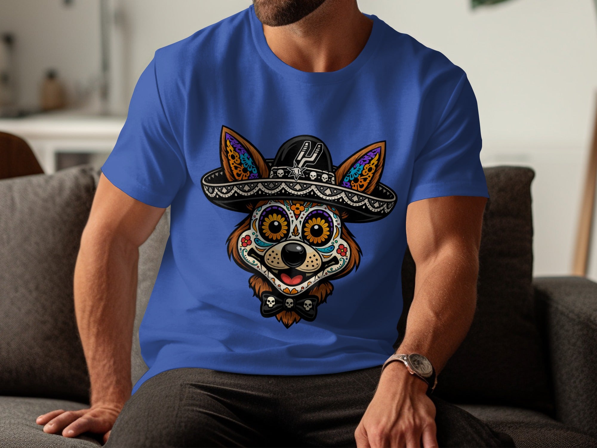 Blue t-shirt with a dog skull face design and sombrero.