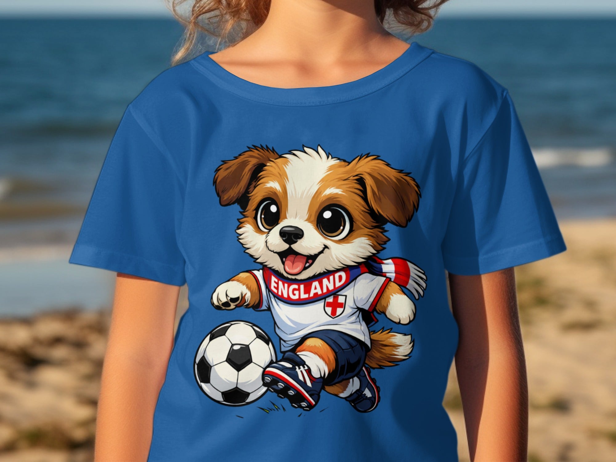 Cartoon dog wearing an England soccer jersey kicks a soccer ball, with text "ENGLAND" on its scarf.