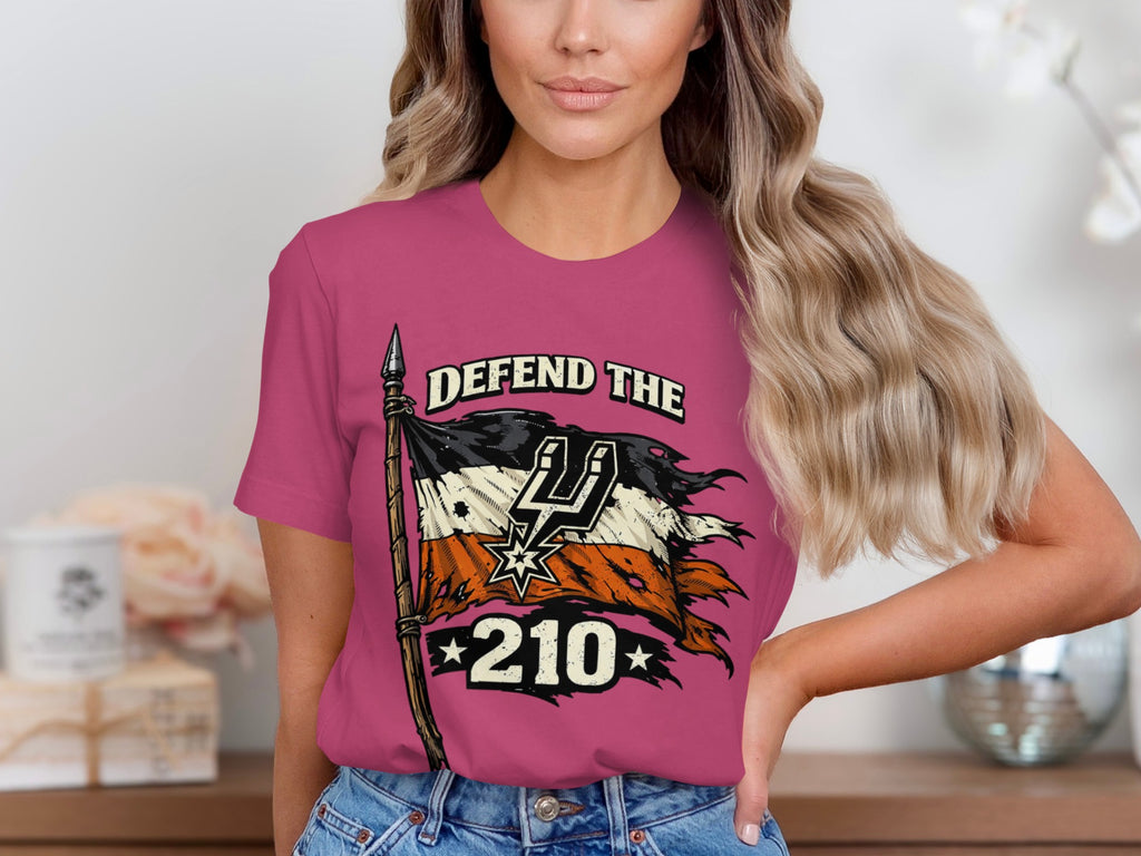 T-shirt with tattered flag, San Antonio Spurs logo, and "210" text.