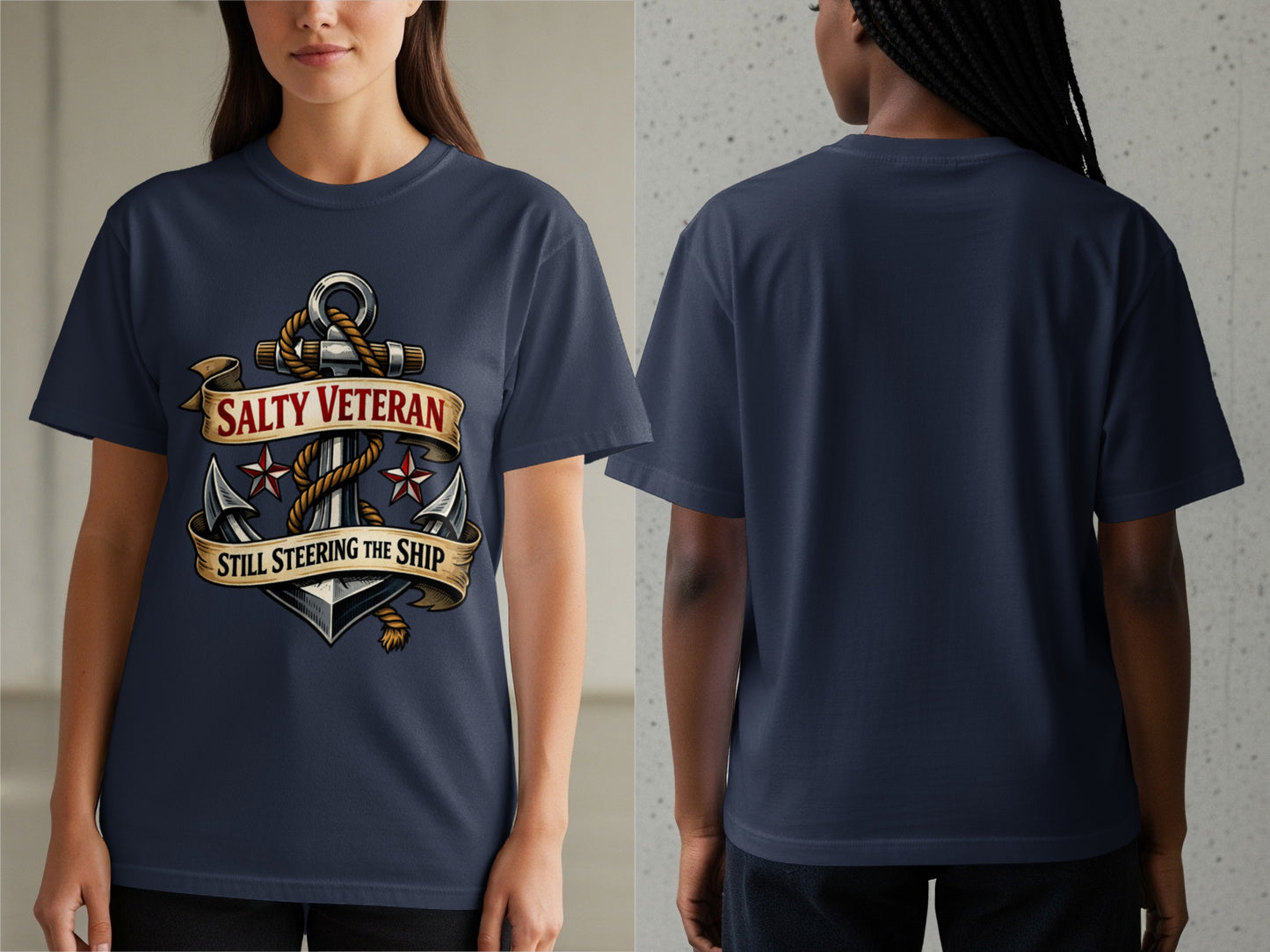 Navy t-shirt with anchor graphic and text "SALTY VETERAN STILL STEERING THE SHIP".