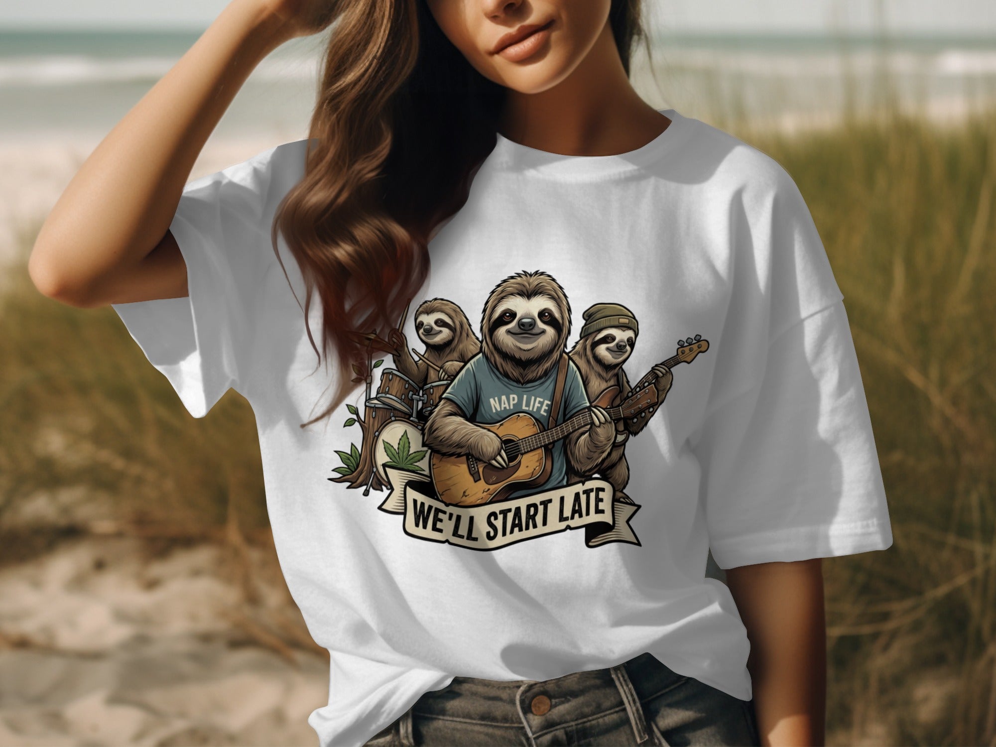 Three sloths playing instruments with text "NAP LIFE" and "WE'LL START LATE".