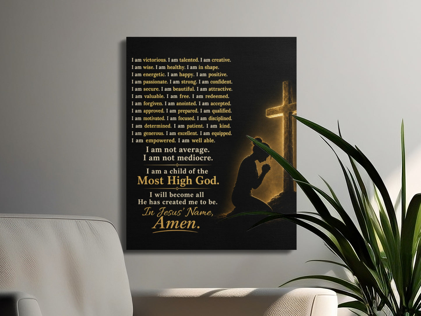 Canvas print with affirmations and a silhouette praying before a glowing cross.