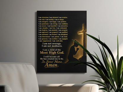 Canvas print with affirmations and a silhouette praying before a glowing cross.