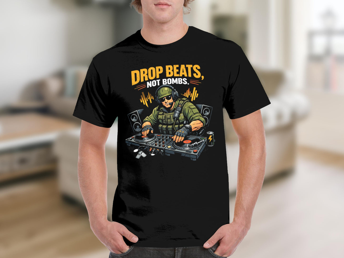 Black t-shirt graphic with soldier DJ playing music with "DROP BEATS, NOT BOMBS" text.