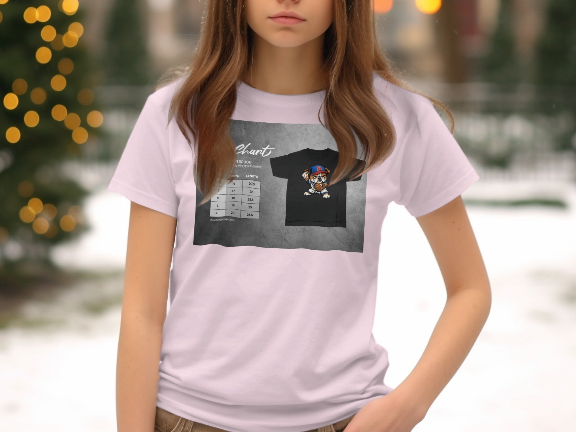 Youth t-shirt with baseball-playing bulldog graphic and size chart.