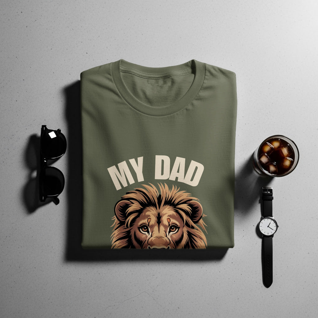 Olive t-shirt with text "MY DAD" above a lion's head graphic.