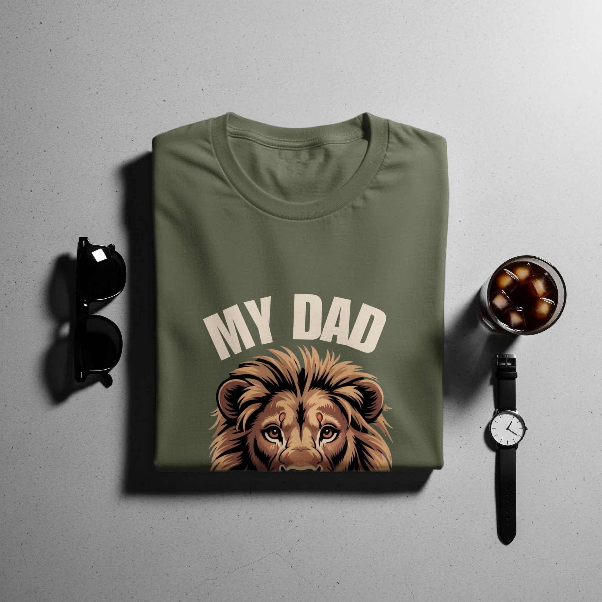 Olive t-shirt with text "MY DAD" above a lion's head graphic.