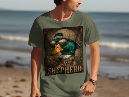 Green t-shirt with a graphic of a duck wearing sunglasses and a hat, text "SHEPHERD".