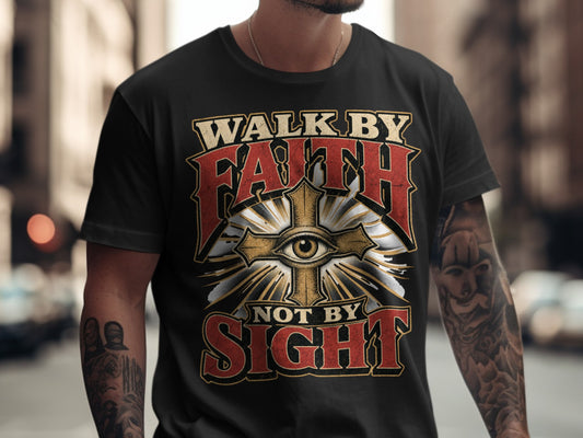 Black t-shirt with "Walk By Faith Not By Sight" text and eye of providence cross graphic.