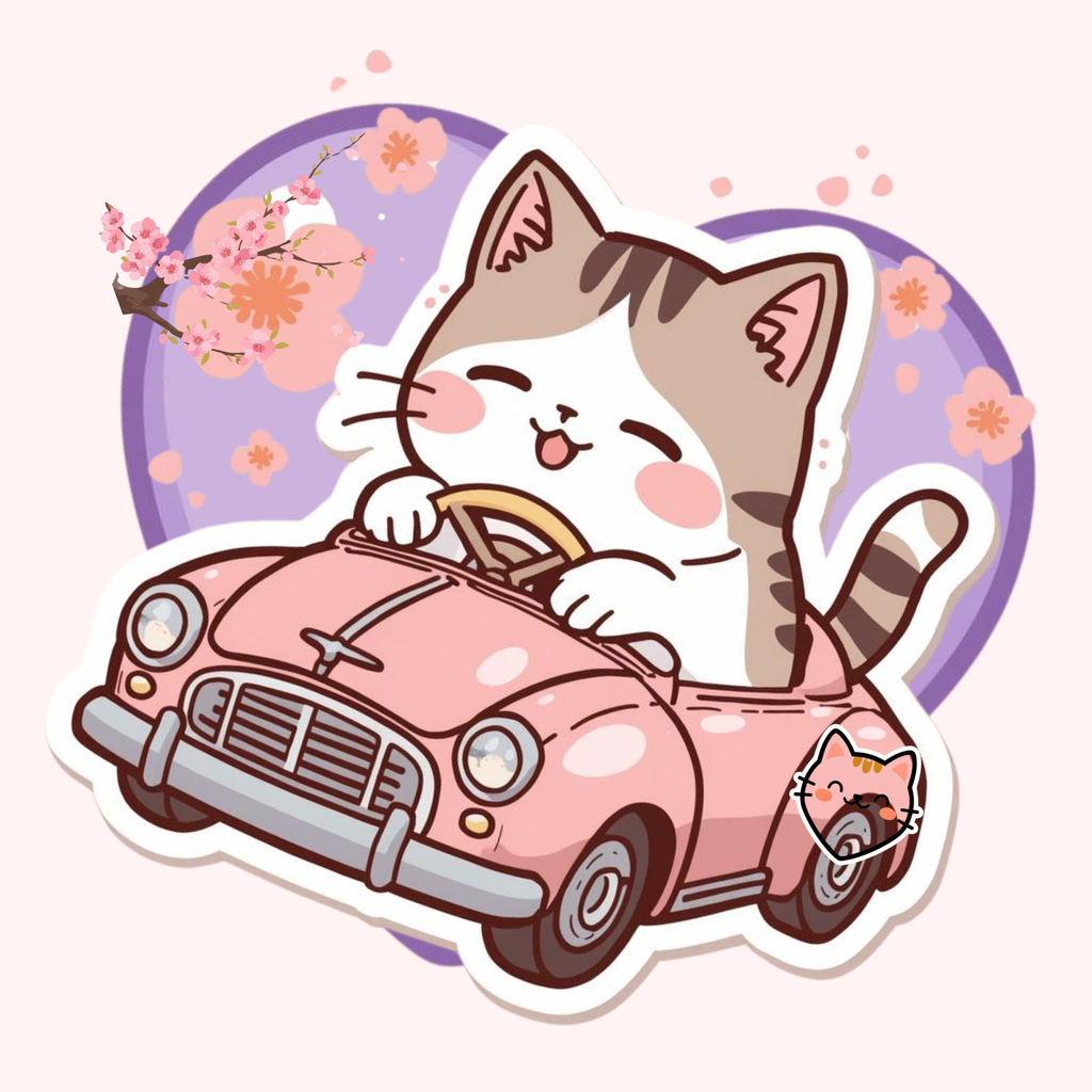 Cute cat with pink blush driving a pink retro convertible with cherry blossoms.