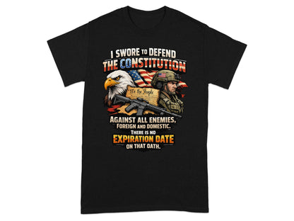Black t-shirt with American flag, eagle, soldier, and constitution text.