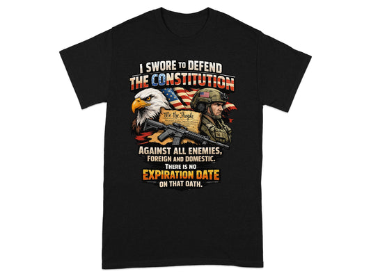 Black t-shirt with American flag, eagle, soldier, and constitution text.