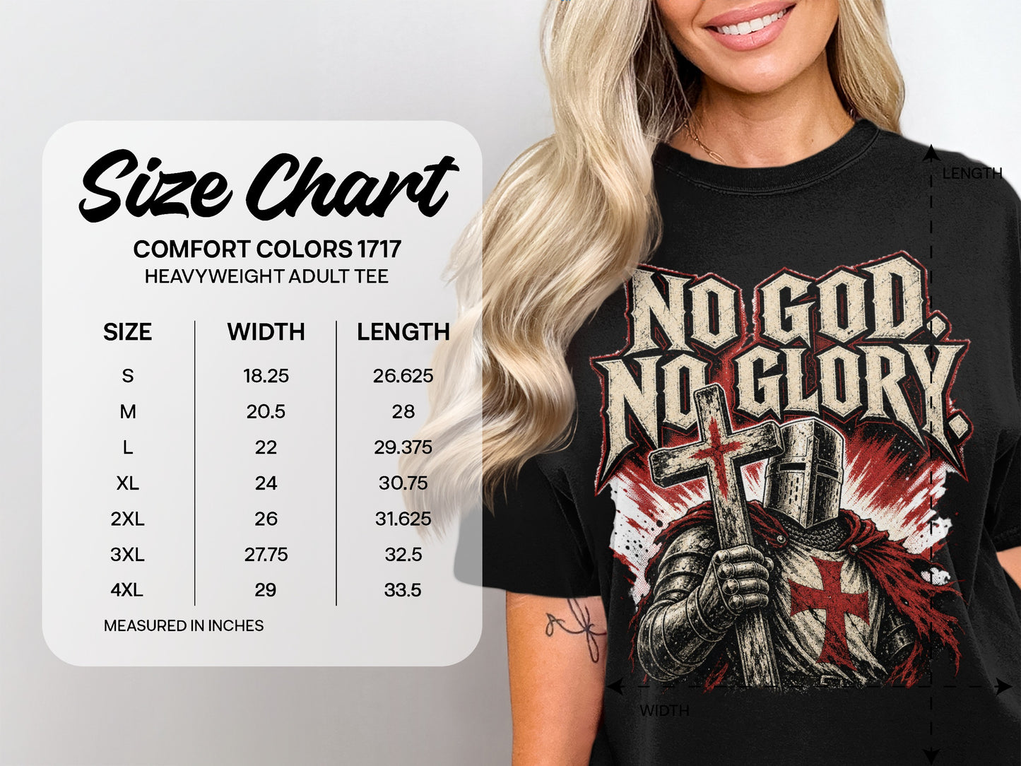 Size chart for Comfort Colors 1717 heavyweight adult tee, with width and length measurements in inches.