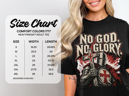 Size chart for Comfort Colors 1717 heavyweight adult tee, with width and length measurements in inches.
